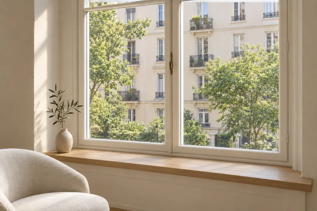 A clear window with a sharp view of the apartment building across the street
