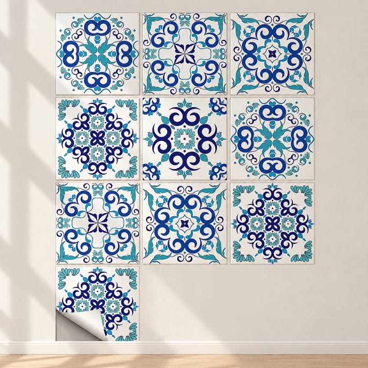 Mandala Peel and Stick Tile Sticker, Blue and white scroll
