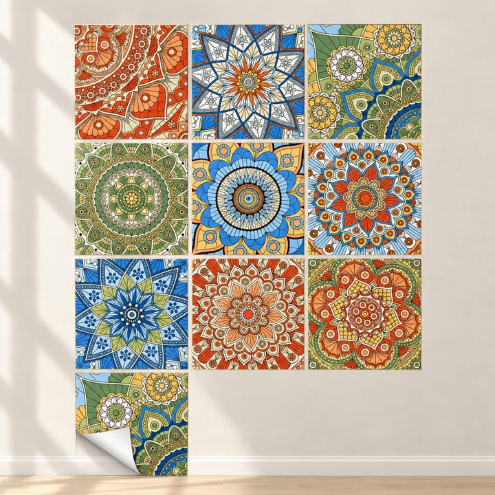 Mandala Peel and Stick Tile Sticker, Orange and green mandala