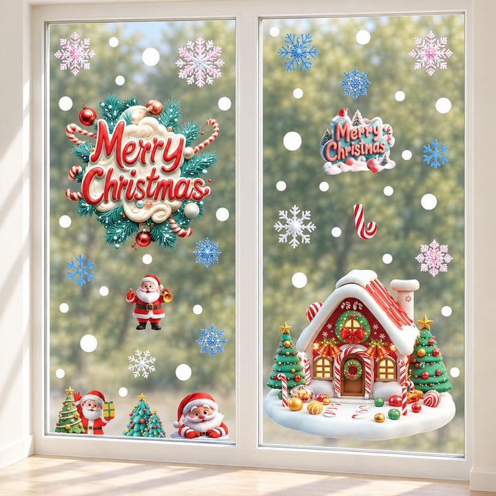 Christmas Static Cling Window Decorations, 2 sheets: gingerbread house and Merry Christmas