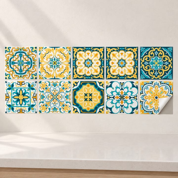 Medallion Mix Peel and Stick Tile Sticker, Yellow and teal floral mix