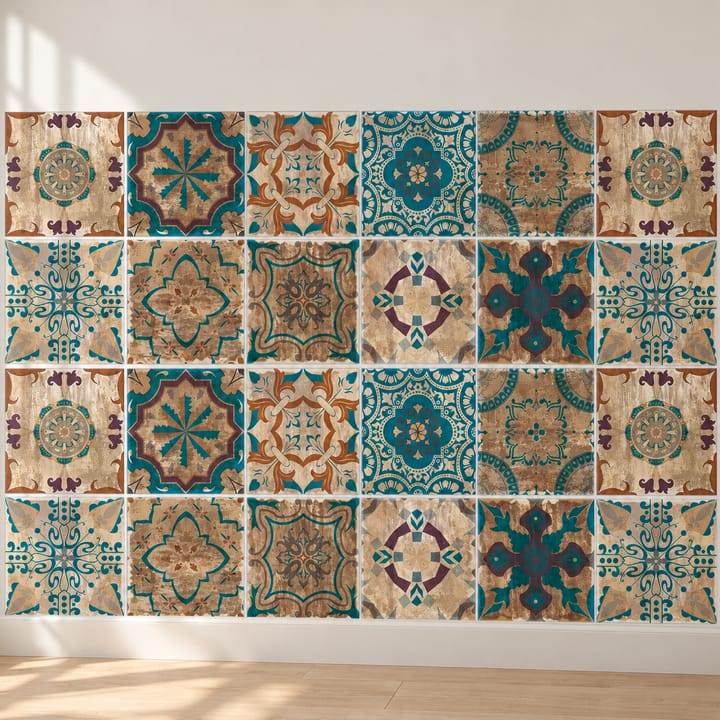 Geometric and Floral Peel and Stick Tile Stickers, Teal and brown rustic