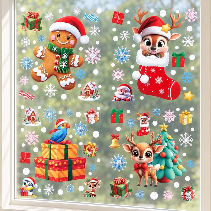 Christmas Static Cling Window Decorations, 4 sheets: gingerbread man, reindeer, deer with tree, Santa