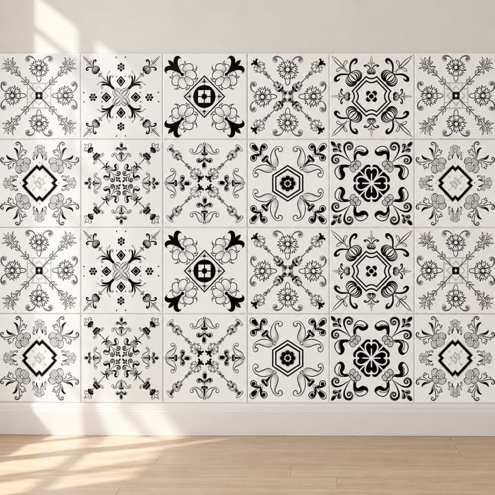 Geometric and Floral Peel and Stick Tile Stickers, White with black line art
