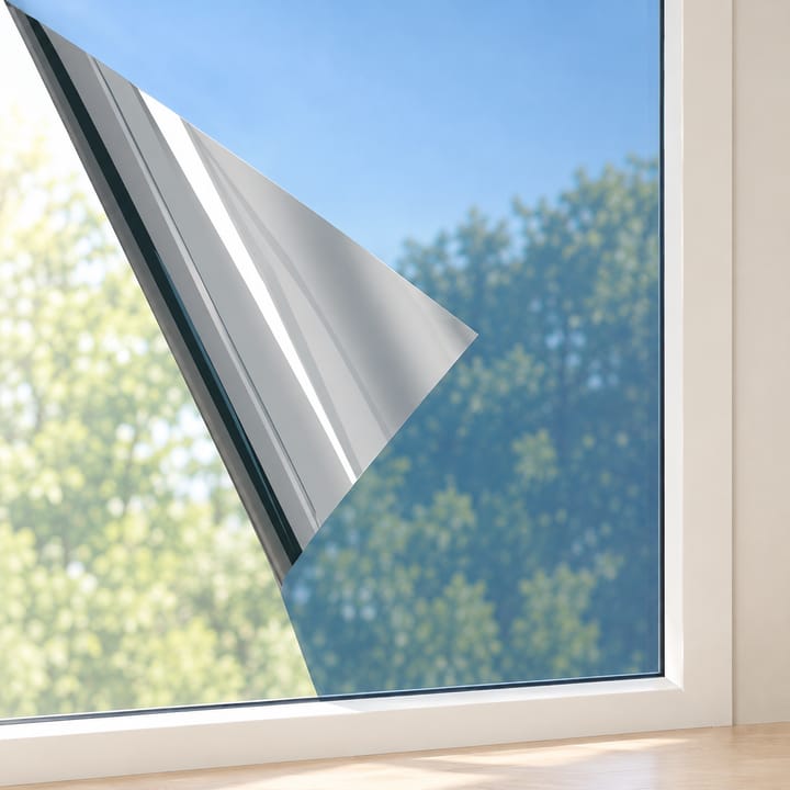 Woman fitting mirror film to a large window
