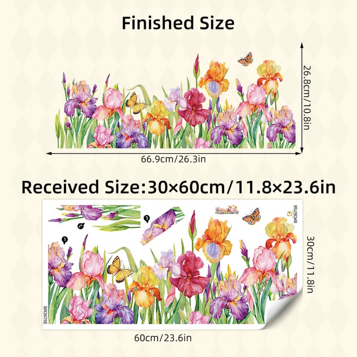 Watercolor Flower Window Cling Sheet, Purple iris and wildflower garden