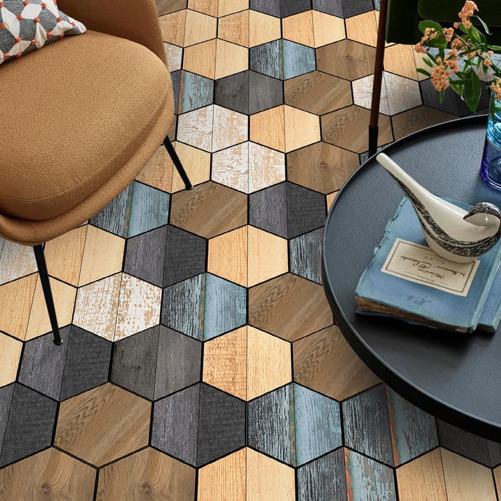 Hexagon Wood Grain and Floral Floor Tiles