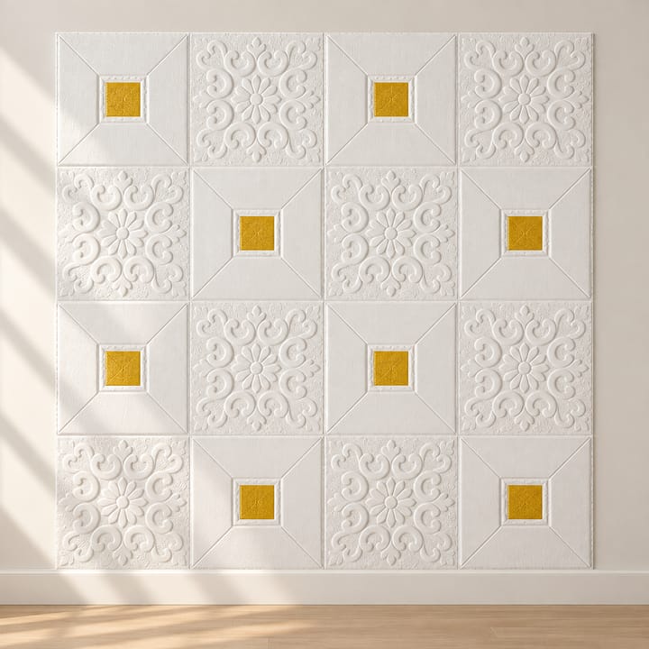 Embossed foam tile with gold inset squares
