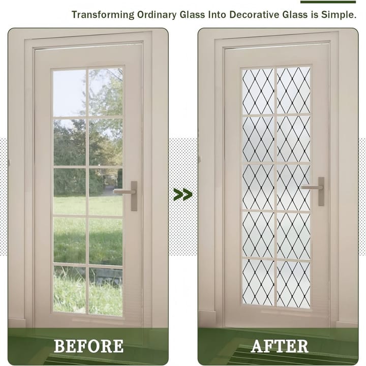 Glass door before and after fitting black lattice frosted film
