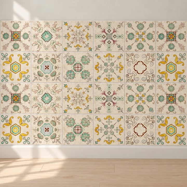 Geometric and Floral Peel and Stick Tile Stickers, Cream and green floral