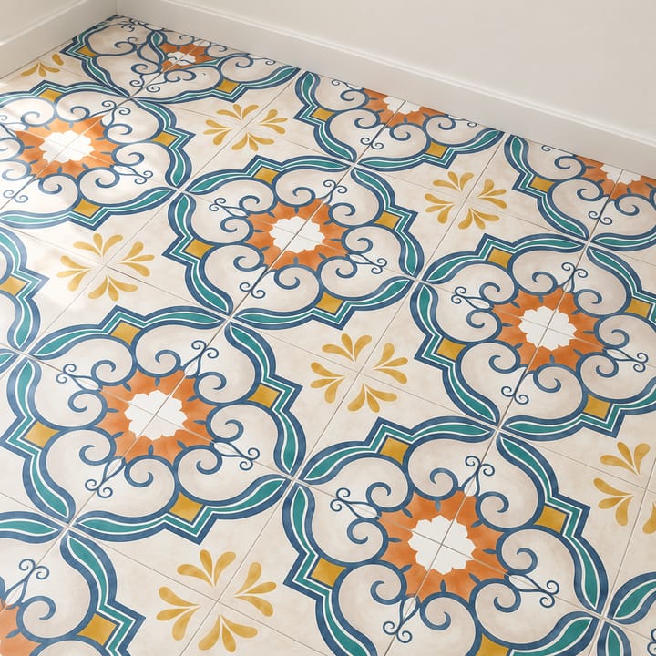 Garden Medley Peel and Stick Floor Tiles, Teal and orange scroll