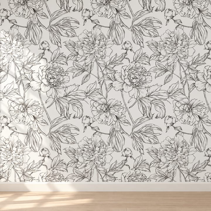 Bold peony line floral wallpaper behind a kitchen shelf and sink