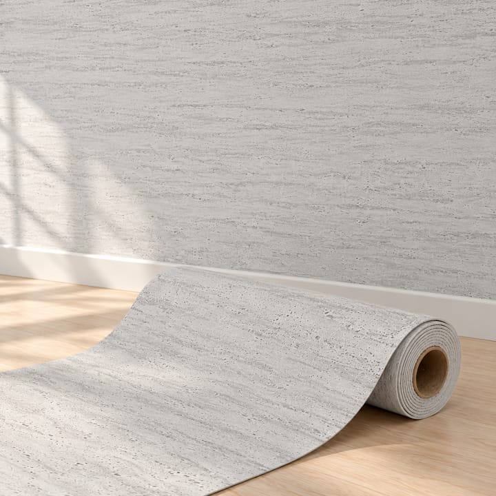 Pale gray finish behind a sofa, with close-ups of the roll