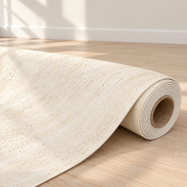 Roll of cream travertine-look wall covering, partly unrolled