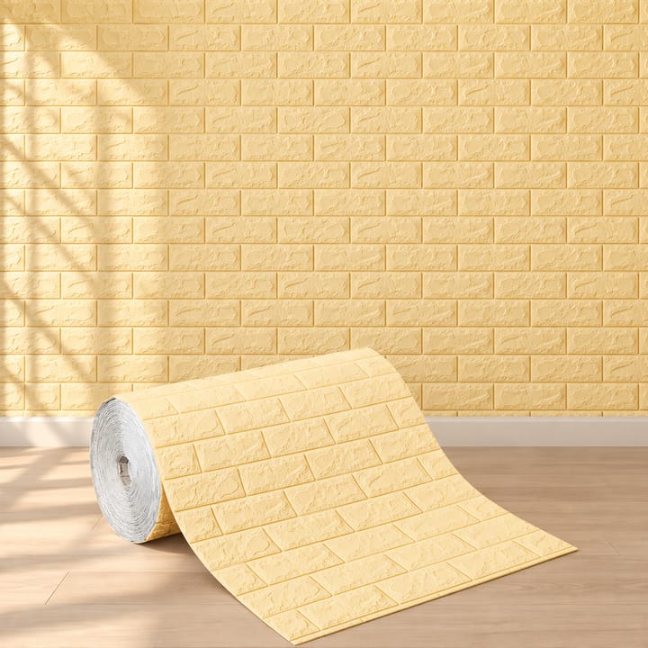 Roll of cream foam brick showing the raised brick relief