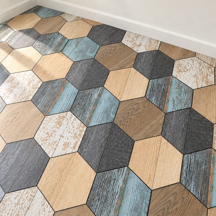 Hexagon Wood Grain and Floral Floor Tiles