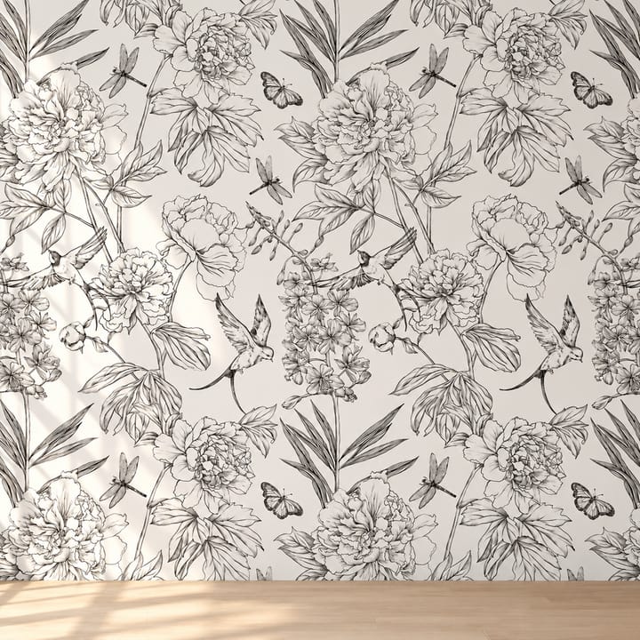 Sketch peony wallpaper behind an open shelf with glass jars