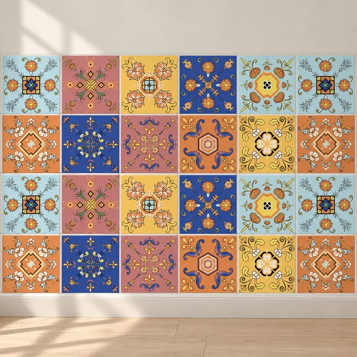 Geometric and Floral Peel and Stick Tile Stickers, Bright multicolor folk