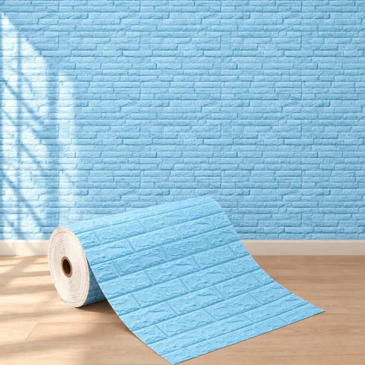 Blue foam brick roll in front of a blue brick wall with a mounted TV