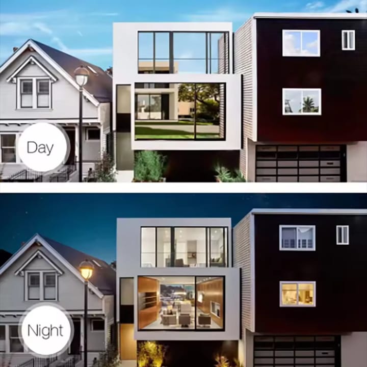 House with mirror film by day, and the same house lit at night with the rooms visible