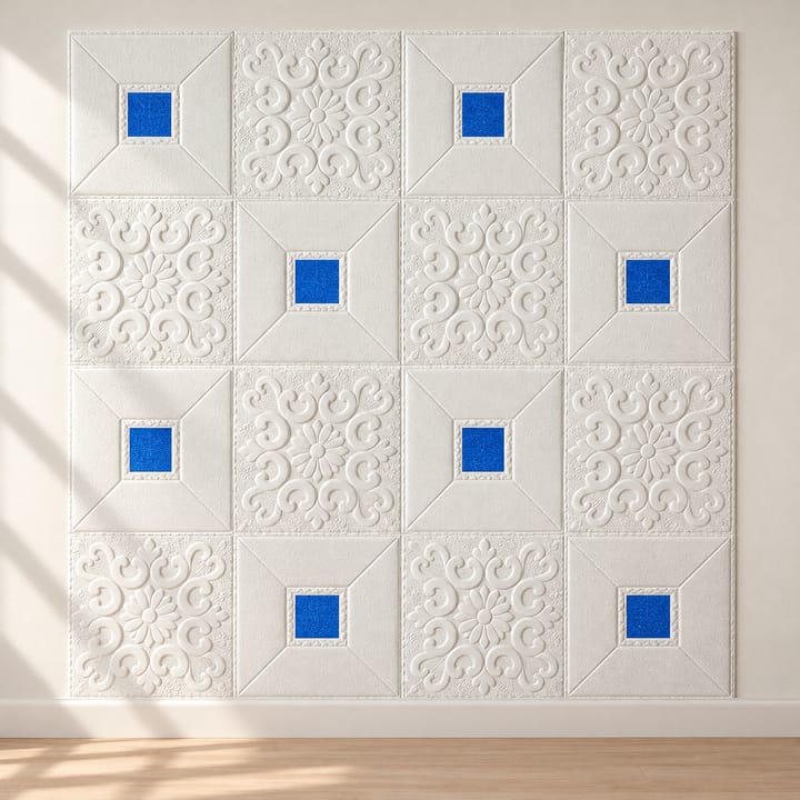 Embossed foam tile with blue inset squares