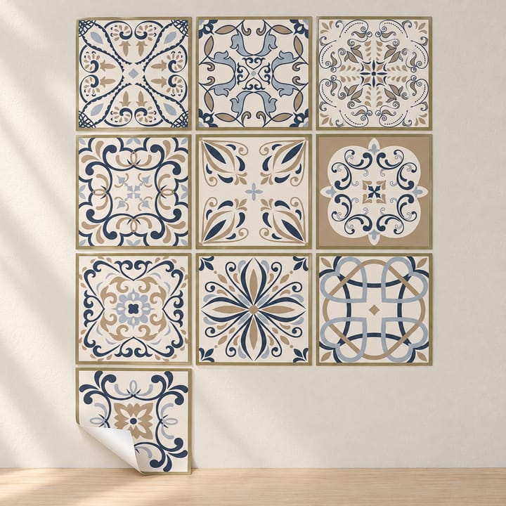 Medallion Mix Peel and Stick Tile Sticker, Blue and tan scroll mix