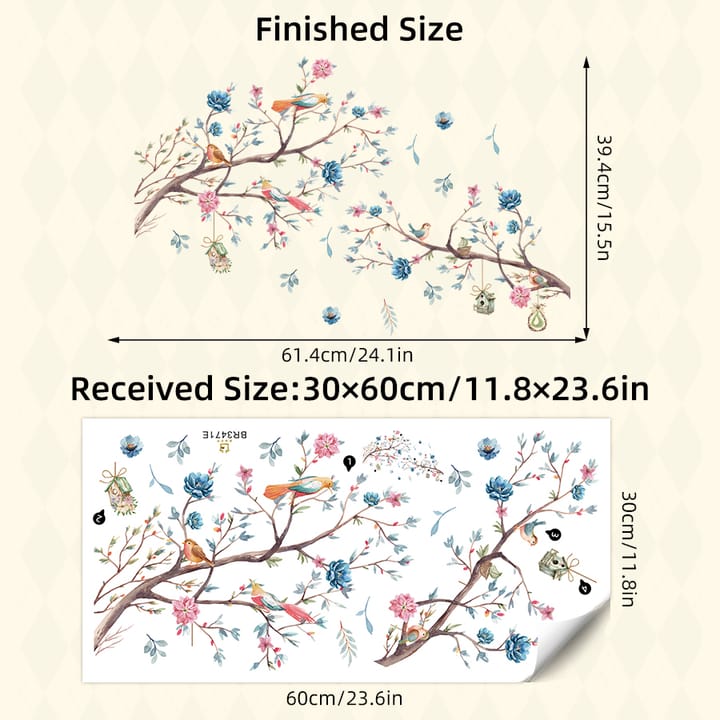 Watercolor Flower Window Cling Sheet, Blue floral branch with birds