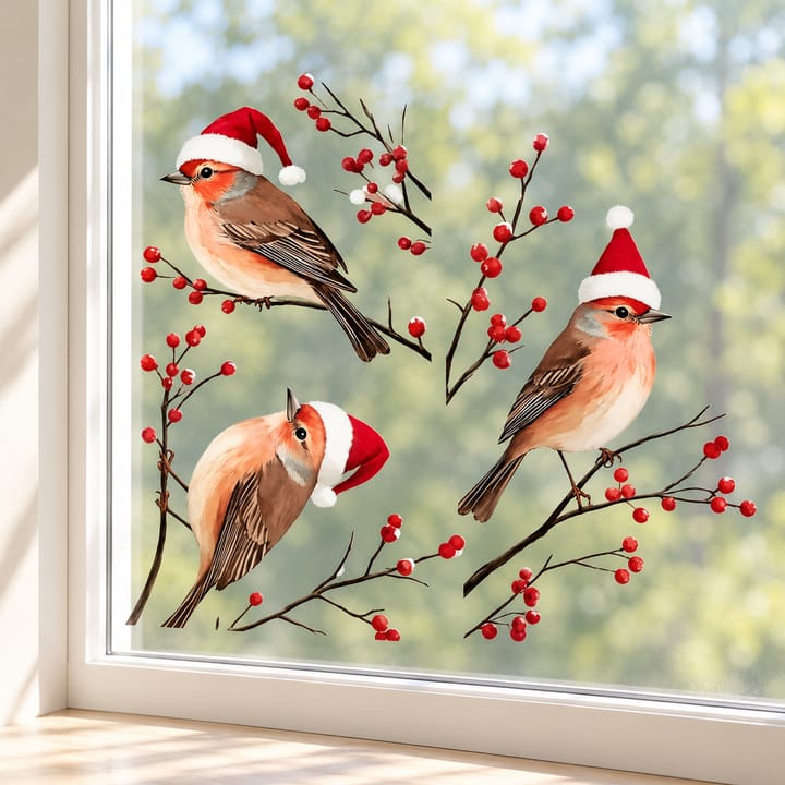 Christmas Bird Window Clings, Three birds in Santa hats