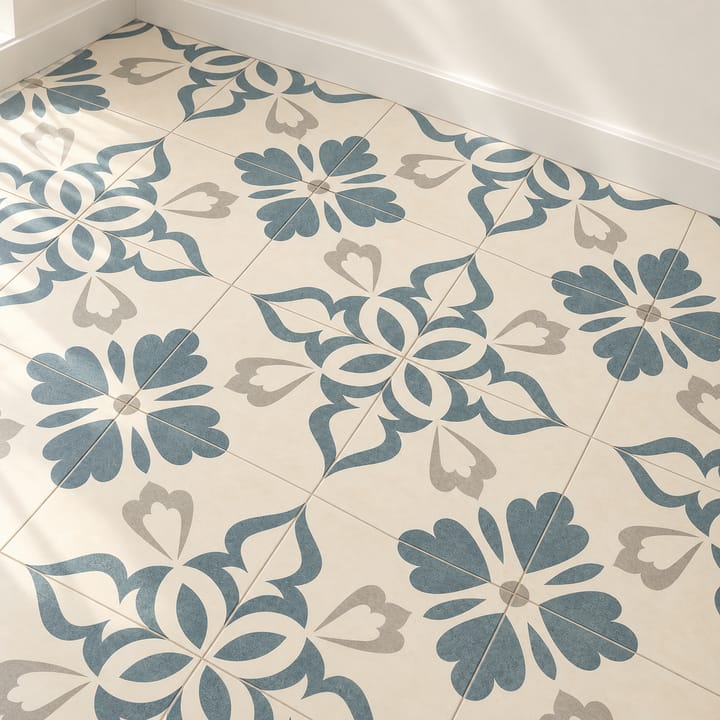 Garden Medley Peel and Stick Floor Tiles, Teal and gray scroll