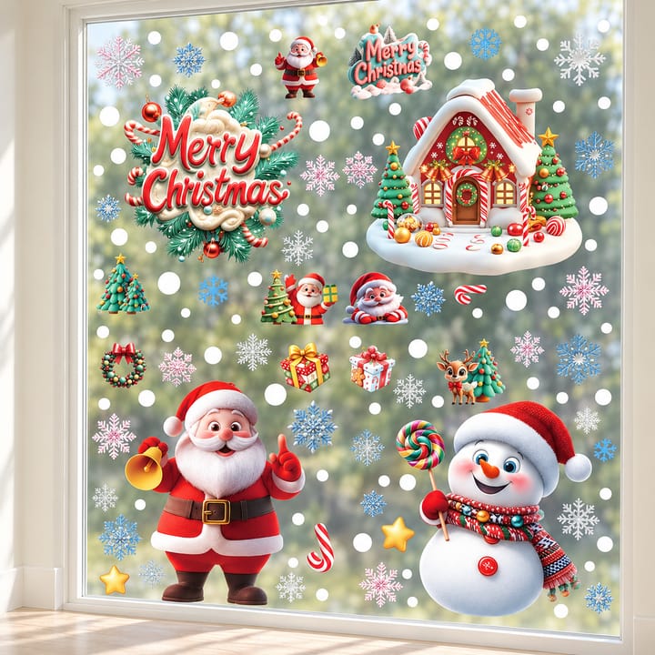 Christmas Static Cling Window Decorations, 4 sheets: Santa, snowman, gingerbread house, Merry Christmas