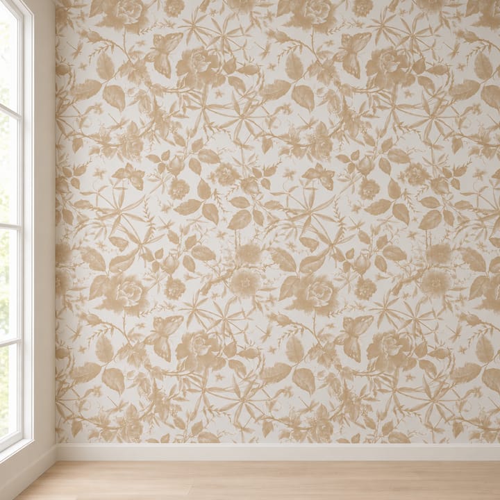 Champagne rose wallpaper in a hallway beside an arched door