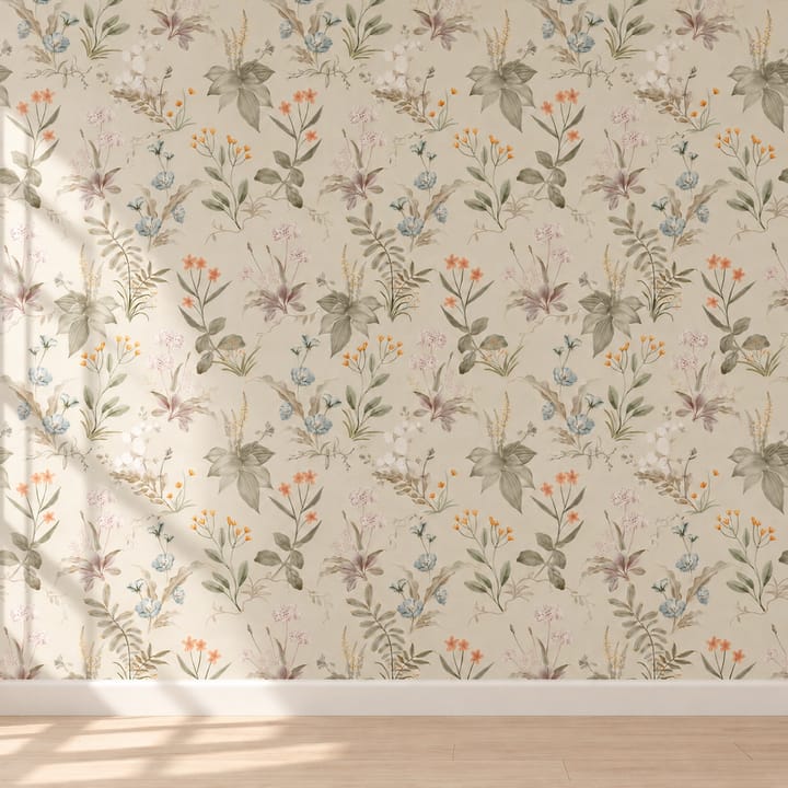 Bedroom wall papered in Cream meadow wildflowers behind a wooden headboard