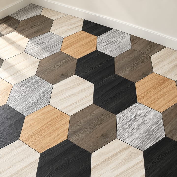 Hexagon Wood Grain and Floral Floor Tiles, Gray, brown and black wood grain
