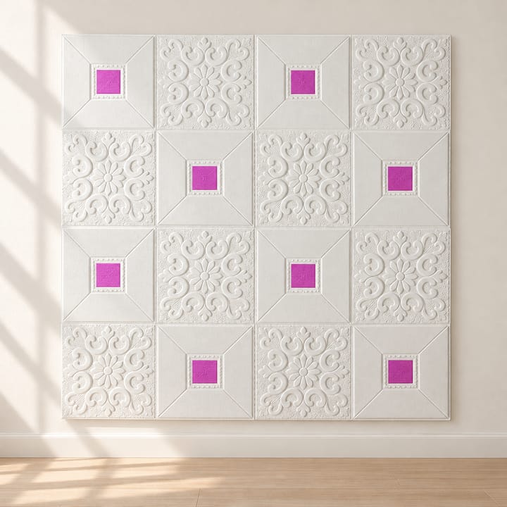 Embossed foam tile with purple inset squares