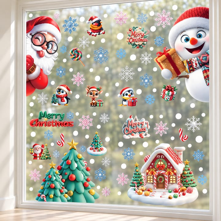 Christmas Static Cling Window Decorations, 4 sheets: Santa, snowman, gingerbread house, reindeer