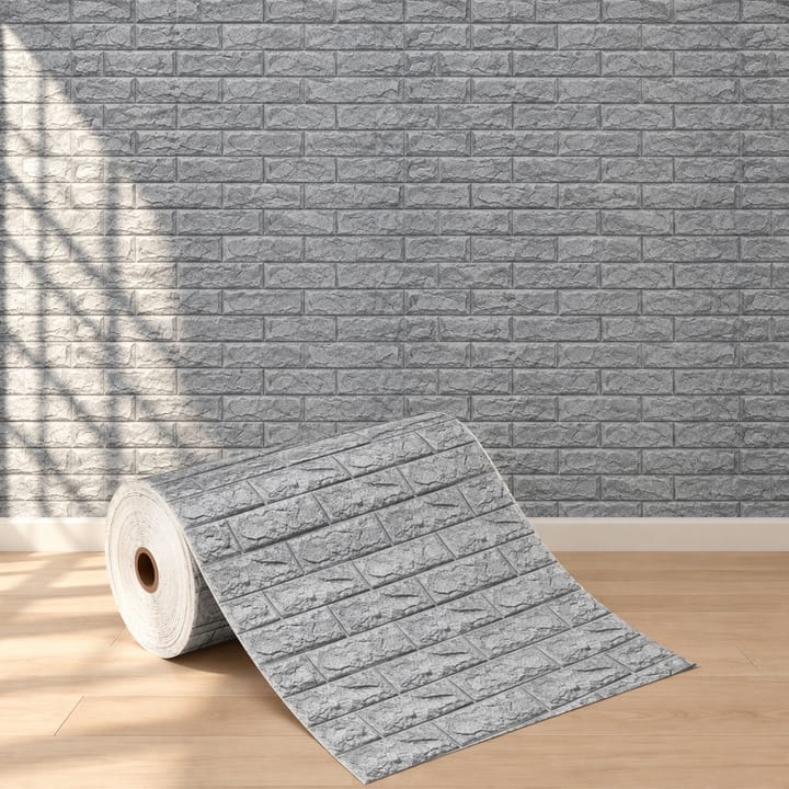 Gray foam brick roll beside a bunk bed, with the same gray brick on the wall behind