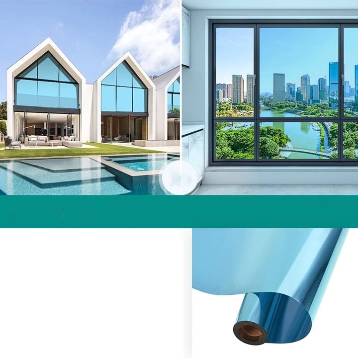 Sky blue mirror film on a modern house, with the view from inside