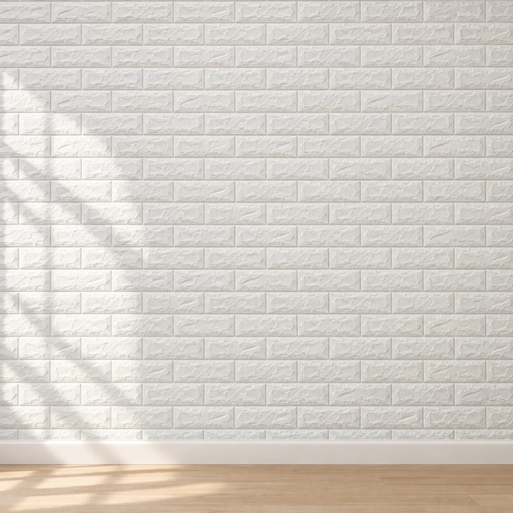 Dining room wall covered in white foam brick above wood paneling