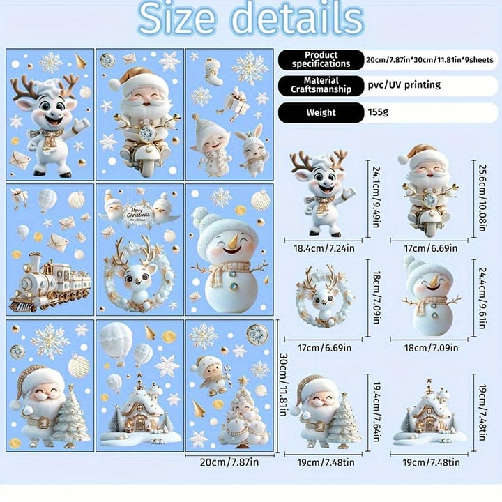 White and Gold Christmas Window Clings, 9 sheets
