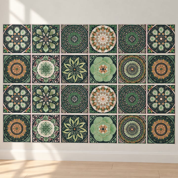 Geometric and Floral Peel and Stick Tile Stickers, Green and brown floral
