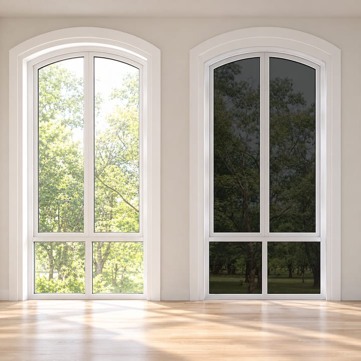 Two arched windows seen from inside, the right one fitted with mirror film