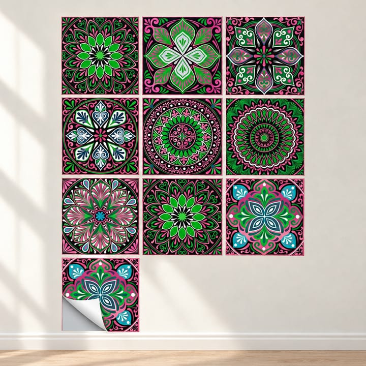 Mandala Peel and Stick Tile Sticker, Green and pink mandala