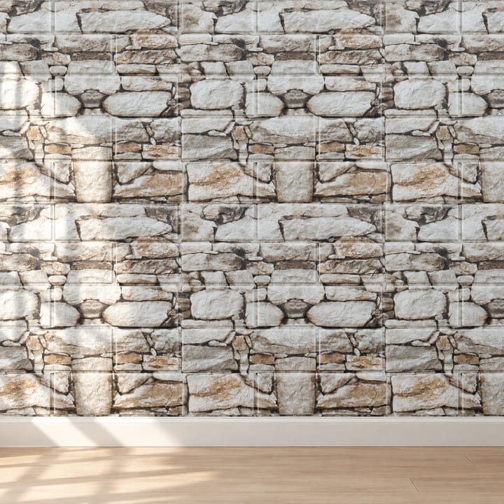Stack of Gray stone foam tiles printed with gray and white stacked stone, 13.8 by 15 in