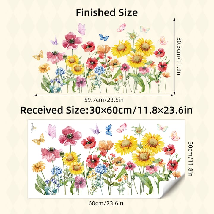 Watercolor Flower Window Cling Sheet, Pink and yellow flower garden with butterflies