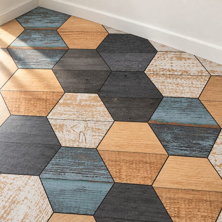 Hexagon Wood Grain and Floral Floor Tiles, Blue, black and tan wood grain