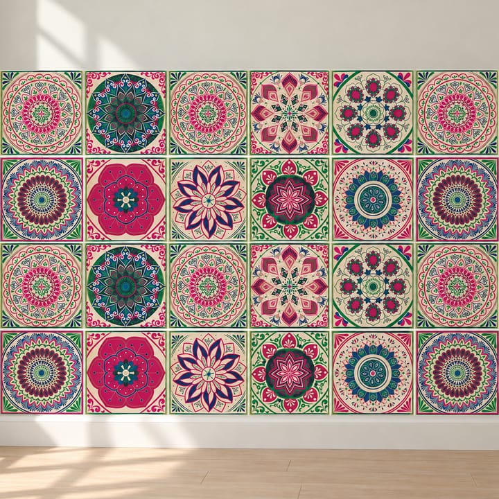 Geometric and Floral Peel and Stick Tile Stickers, Pink and green floral