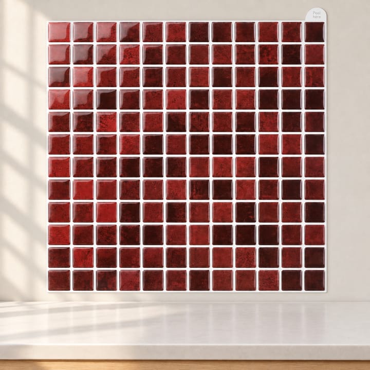 Mosaic Self-Adhesive Backsplash Tile Sheet, Dark red