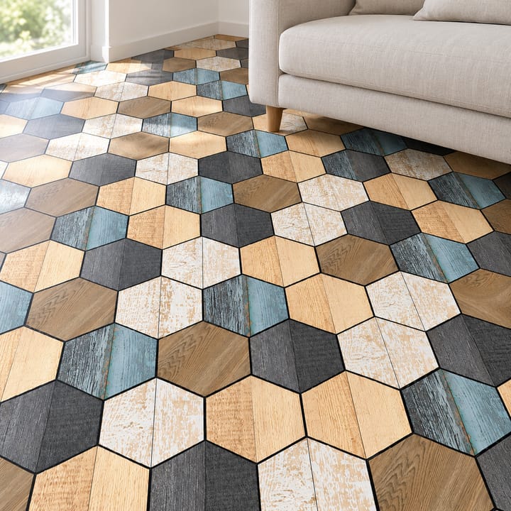 Hexagon Wood Grain and Floral Floor Tiles