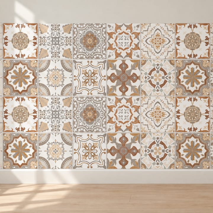 Geometric and Floral Peel and Stick Tile Stickers, Beige and brown medallion