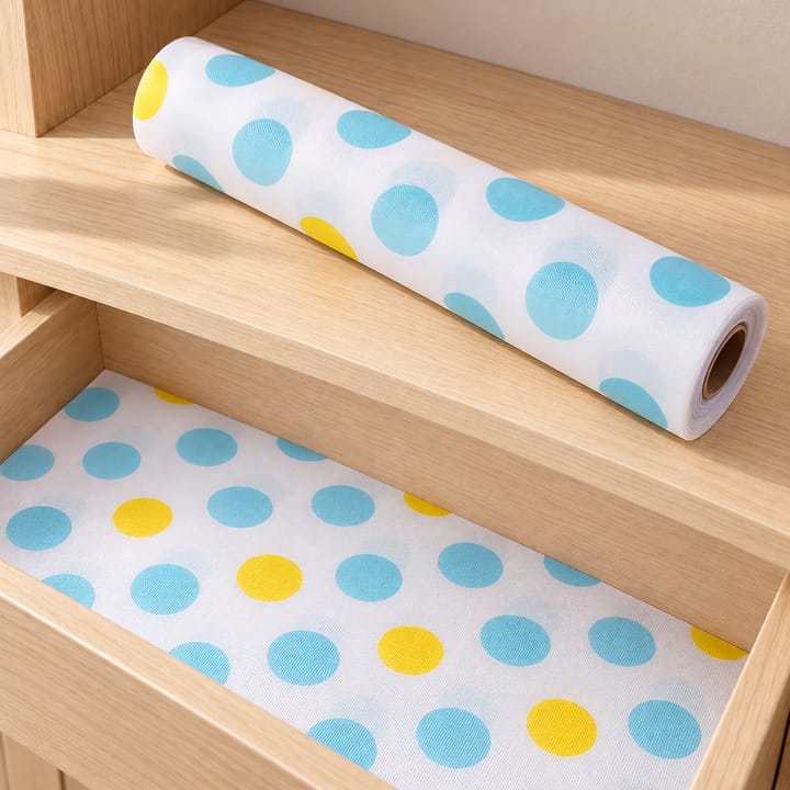 Pink Rose Floral Shelf Liner Roll, Blue and yellow dots